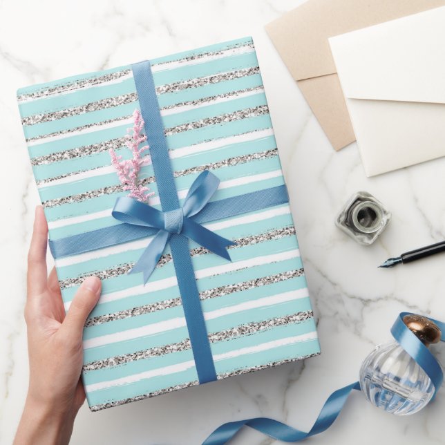 Mint Glitter Effect Stripe Pattern  Wrapping Paper (Gifting)