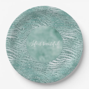 Mint Glitter Glitzy Sparkle Zebra Print Paper Plate