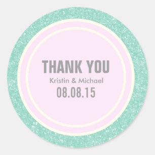 Mint Glitter & Light Pink Thank You Round Stickers