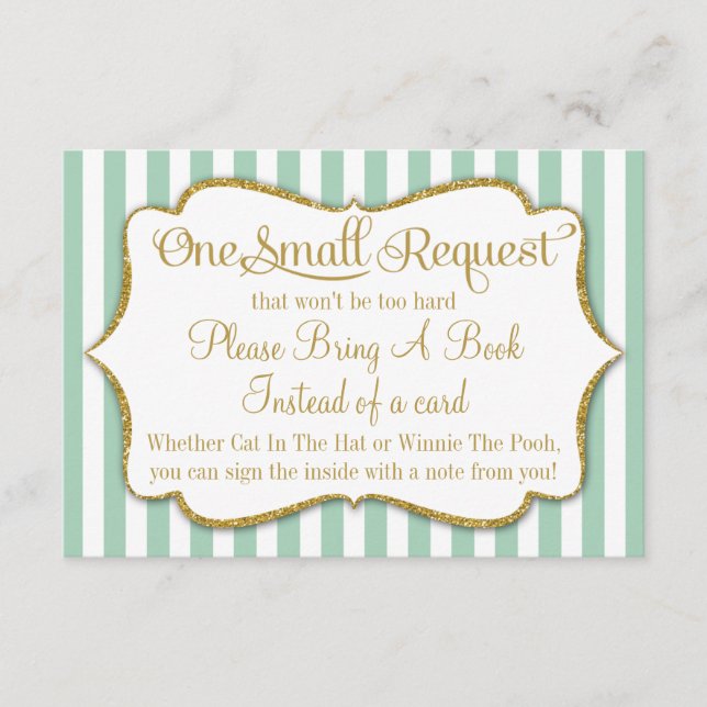 Mint Gold Baby Shower Book Card Bring A Book (Front)