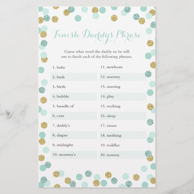 Mint & Gold Baby Shower Finish Daddy's Phrase Game (Front)
