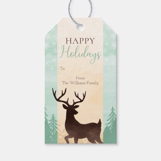 Mint Gold Brown Deer Woodland Holiday Gift Tag (Front)