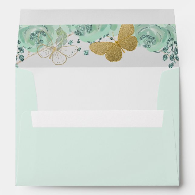 Mint Gold Butterflies Floral Elegant  Envelope (Back (Bottom))