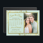 Mint & Gold Calendar & Photo Save the Date Magnet<br><div class="desc">These beautiful pale mint green and gold magnetic cards are the perfect way to let your family and friends know to save the date for your upcoming wedding. The elegant design features your photo inside of a golden faux foil frame with delicate curls and swirls in the corners. There is...</div>