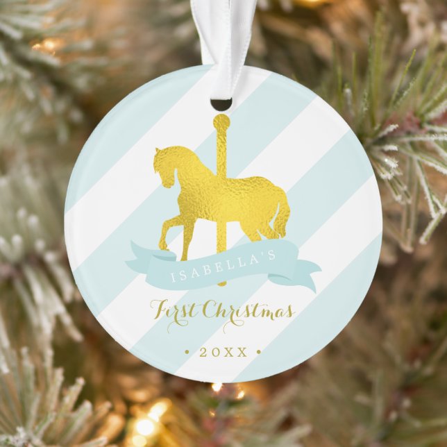 Mint & Gold Carousel Horse Baby's First Christmas Ornament (Tree)