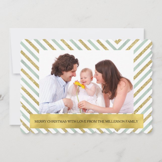 Mint Gold Chic Chevron Personalised Photo Holiday Card (Front)