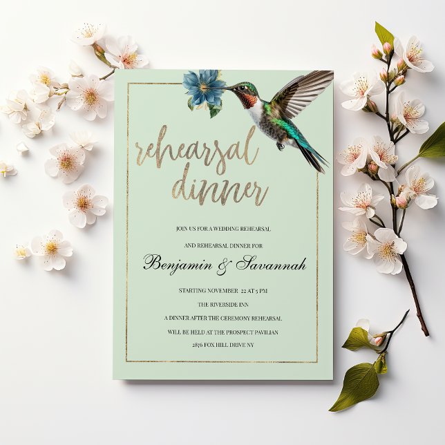 Mint gold colourful hummingbird Rehearsal Dinner  Invitation (Mint gold colorful hummingbird Rehearsal Dinner )