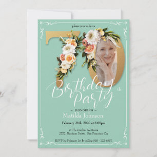 Mint Gold Custom Photo Floral Boho 70th Birthday  Invitation