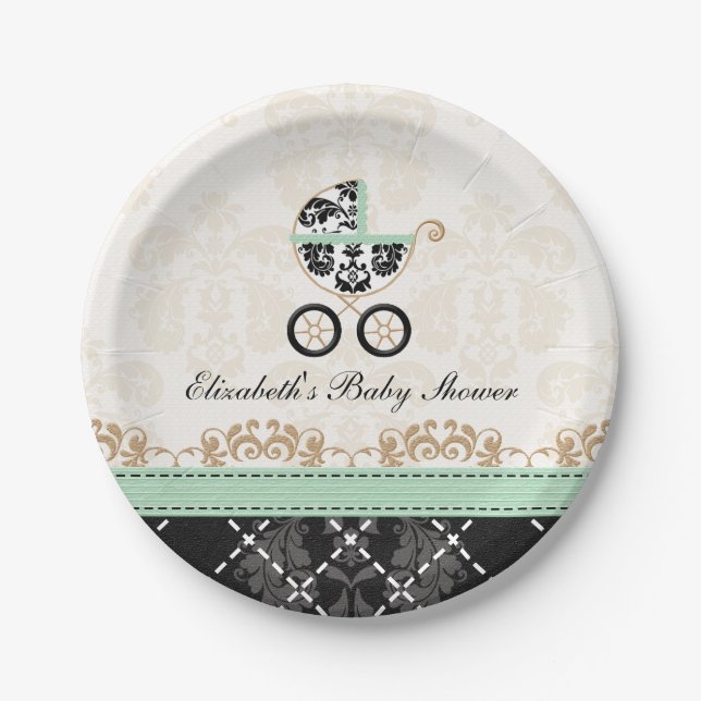 Mint Gold Damask Carriage Baby Shower Paper Plate (Front)