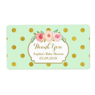 Mint Gold Dots Floral Baby Shower Labels