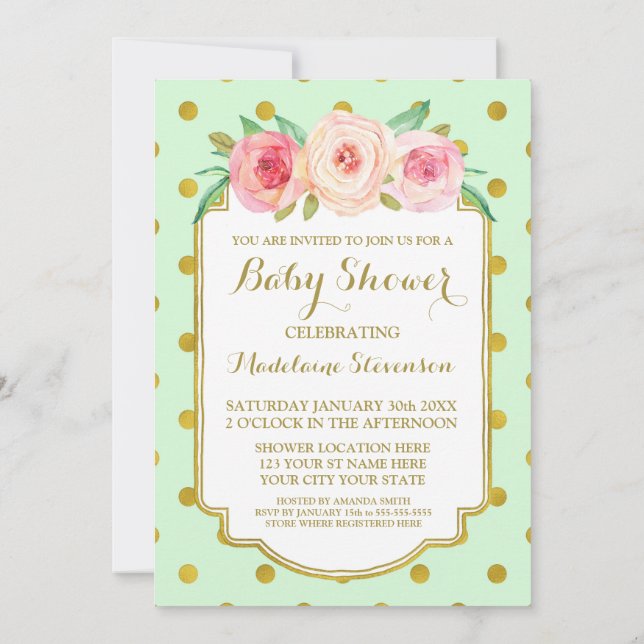 Mint Gold Dots Watercolor Floral Baby Shower Invitation (Back)