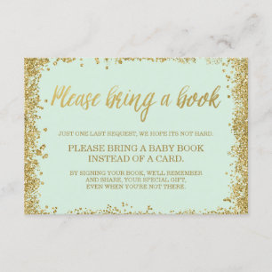 Mint Gold Faux Glitter Baby Shower Book Enclosure Card