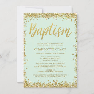 Mint Gold Faux Glitter Baptism Invitations