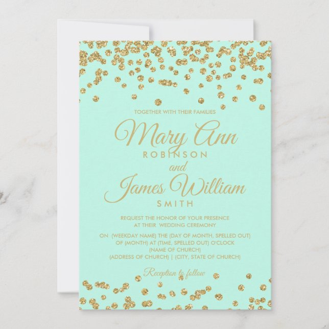 Mint & Gold Faux Glitter Confetti Elegant Wedding Invitation (Front)