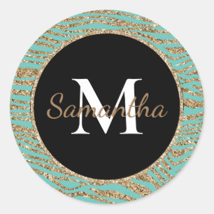 Mint Gold Faux Glitter Zebra Print Classic Round Sticker
