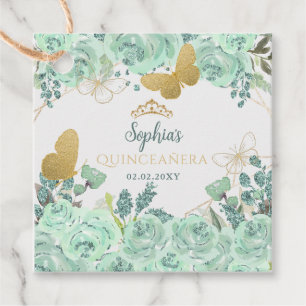 Mint Gold Floral Butterfly Quinceañera Favour Tags