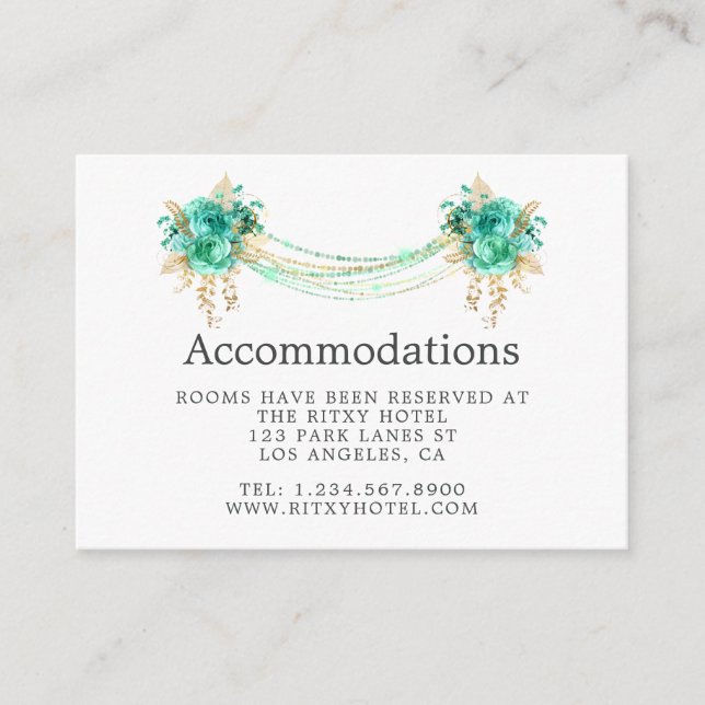 Mint & Gold Floral Lights Wedding Accommodations Enclosure Card (Front)