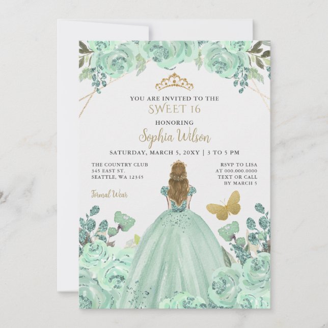 Mint Gold Floral Princess Butterfly Sweet 16 Invitation (Front)