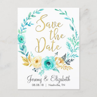 Mint & Gold Floral Save the Date Postcards