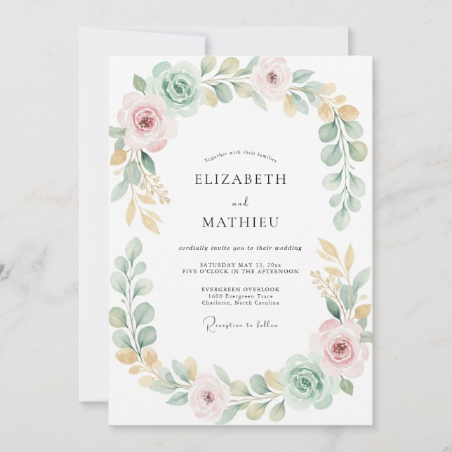 Mint Gold Foliage Grey Eucalyptus Wedding Invitation (Front)