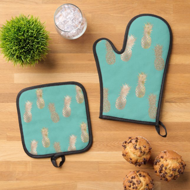 Mint Gold Glam Pineapples Oven Mitt & Pot Holder Set (Top Down)