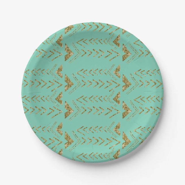 Mint Gold Glam Watercolor Arrows Paper Plate (Front)