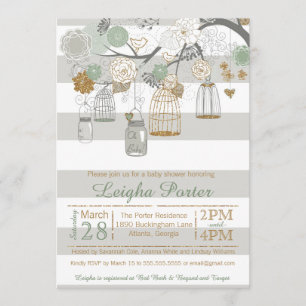 Mint Gold Glitter Baby Shower Mason Jar Bird Cages Invitation