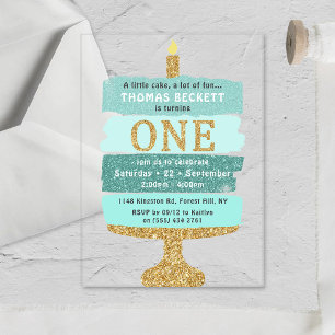 Mint & Gold Glitter Cake 1st Birthday Acrylic Invitations