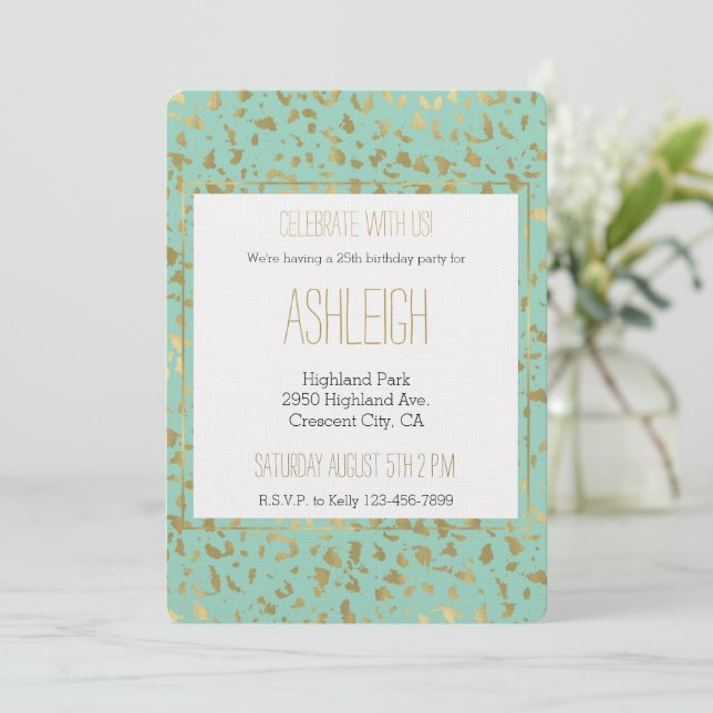 Mint Gold Leopard Animal birthday Invitation (Standing Front)