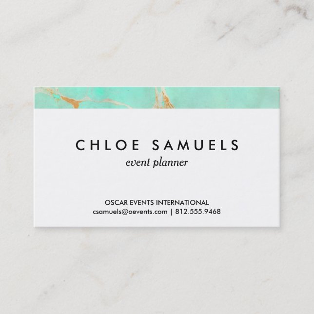 Mint & Gold Marble Abstract Aqua Teal Painted Look Business Card (Front)
