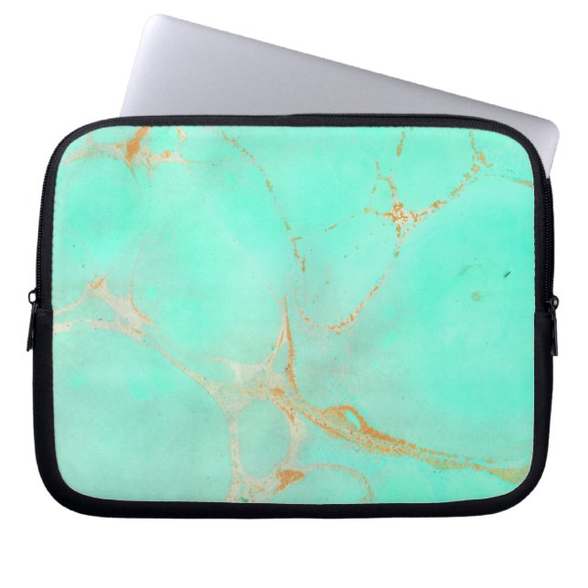 Mint & Gold Marble Abstract Aqua Teal Painted Look Laptop Sleeve (Front)