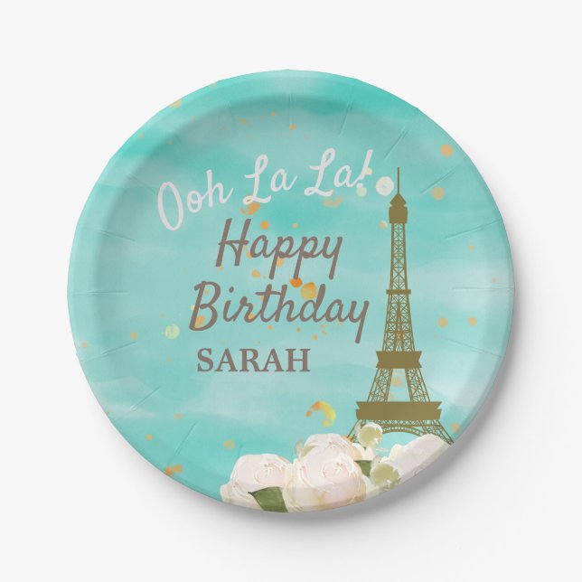 Mint Gold Paris Eiffel Tower Sweet 16 Birthday Paper Plate (Front)