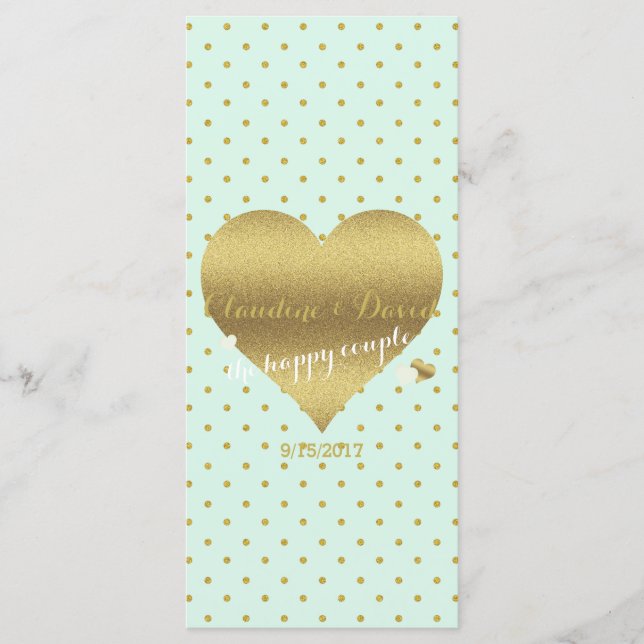 Mint Gold Polka Dot Wedding Ceremony Program Cards (Front)