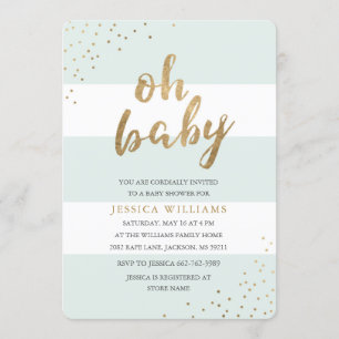 Mint & Gold Stripes Confetti Oh Baby Shower Invite