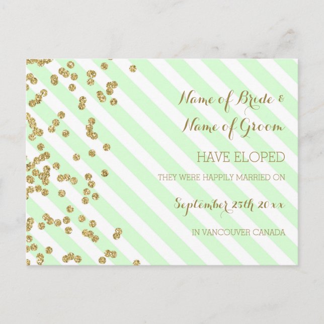 Mint Gold Stripes Elopement Announcement Postcards (Front)