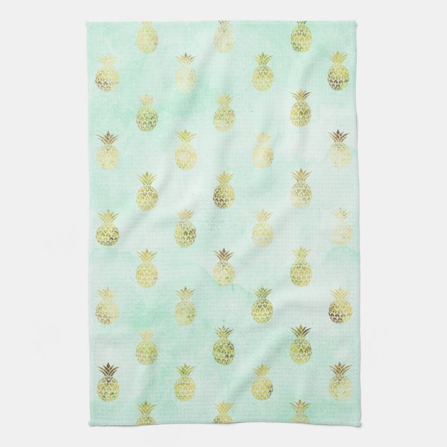 Mint Gold Tropical Pineapples Tea Towel (Vertical)