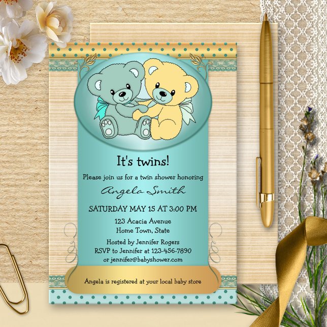 Mint Gold Twin Teddy Bear Baby Shower Invitation (Cute baby shower invitation for twins, featuring two teddy bears on burlap)