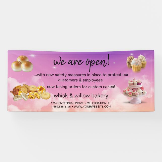 Mint & Gold Whisk Bakery Business Reopening purple Banner (Horizontal)