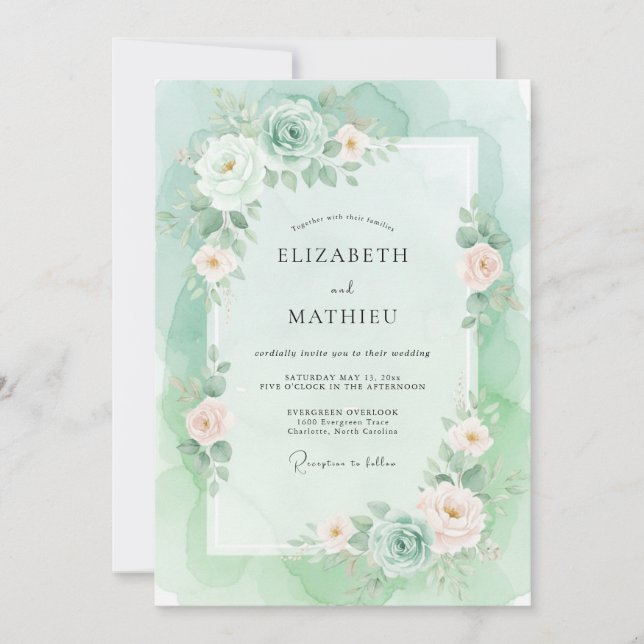 Mint Graceful Watercolor Wedding Invitation (Front)