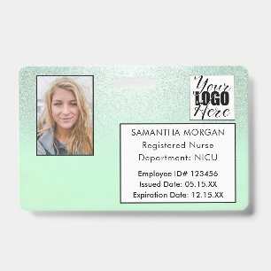 Mint Gradient Glitter Photo Logo Employee ID Badge