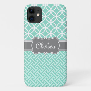 Mint Greek Key and Circle Patterns Grey Name Case-Mate iPhone Case