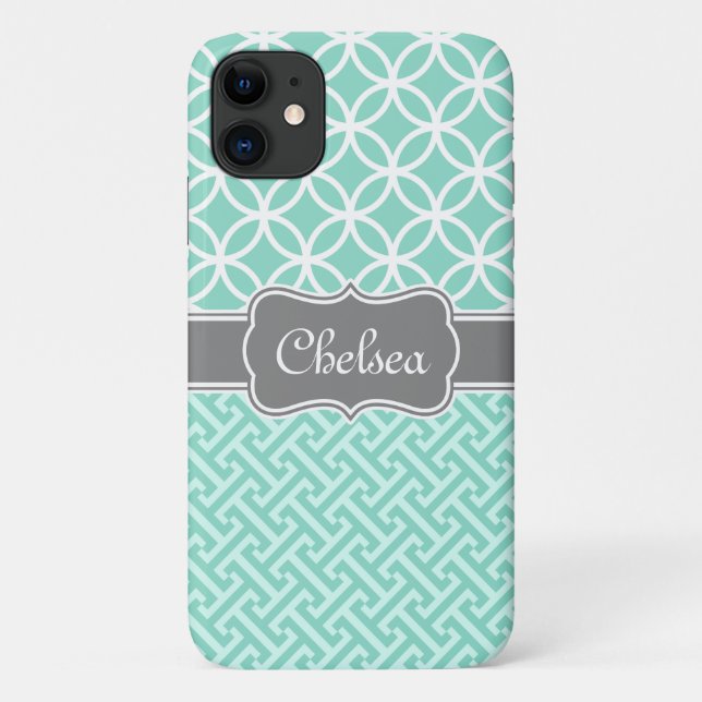 Mint Greek Key and Circle Patterns Grey Name Case-Mate iPhone Case (Back)