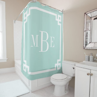 Mint Greek Key Border Monogram Shower Curtain