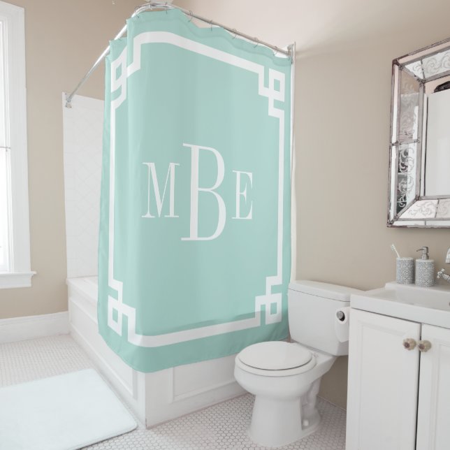 Mint Greek Key Border Monogram Shower Curtain (In Situ)