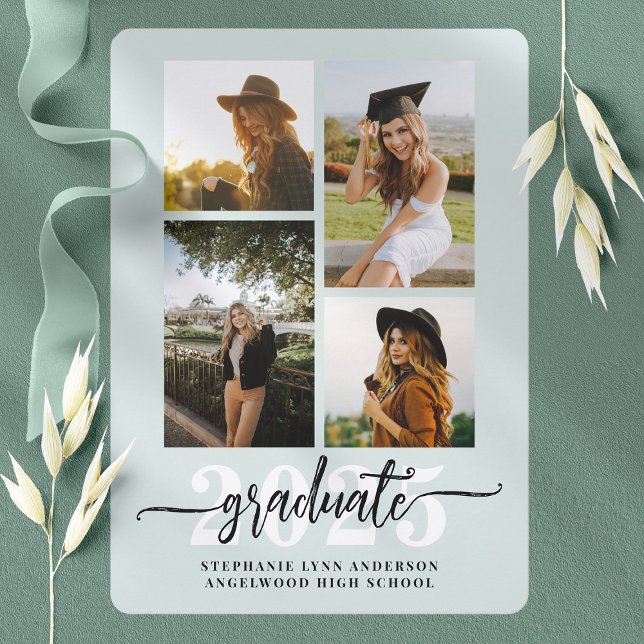 Mint Green 4 Photo Collage Grad Announcement (Creator Uploaded)