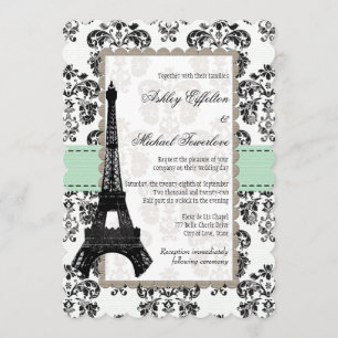 Mint Green and Black Damask Eiffel Tower Wedding Invitation