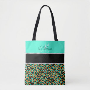 Mint Green And Black Leopard Print Monogrammed Tote Bag