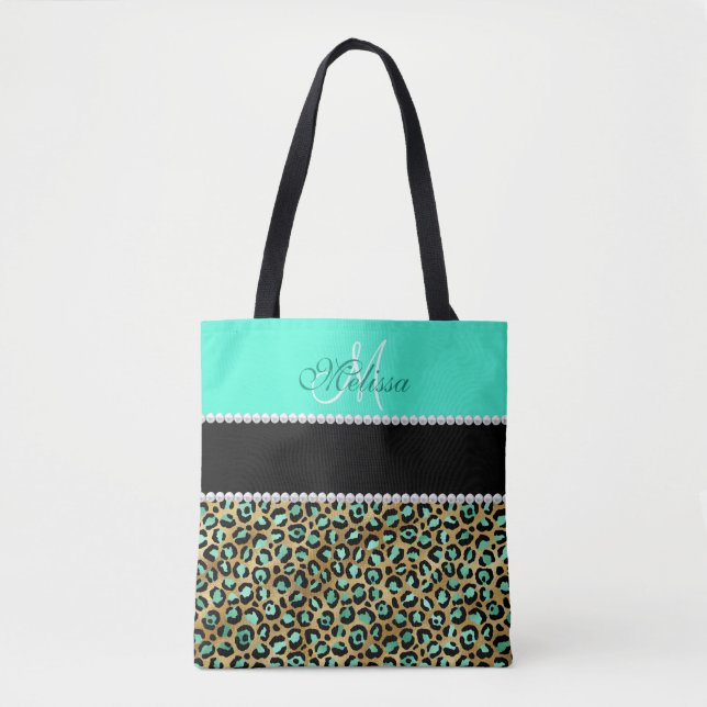 Mint Green And Black Leopard Print Monogrammed    Tote Bag (Front)