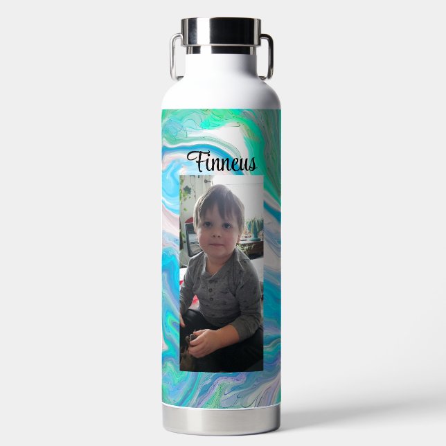 Mint Green and Blue Fluid Art Personalised   Water Bottle (Front)