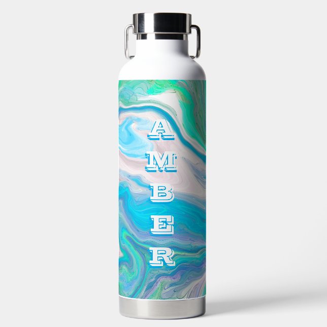  Mint Green and Blue Fluid Art     Water Bottle (Front)